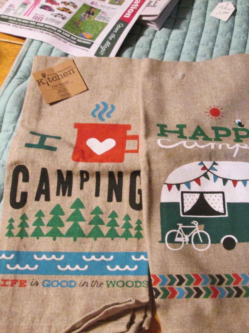 2 NWT kaydee cotton camping themed tea towels signed by Michael Mullens